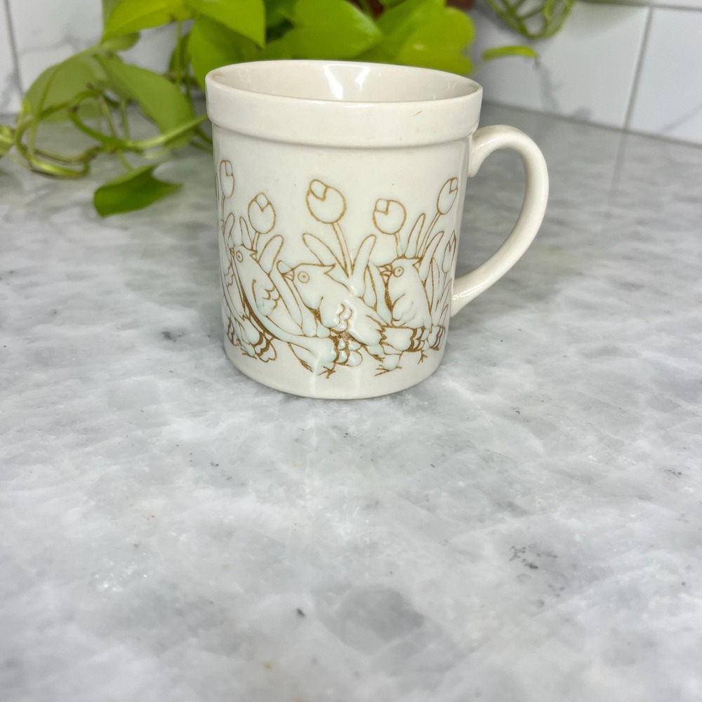 Vintage Scandinavian Style Bird Tulip Relief Stoneware Mug Danish Folk Art